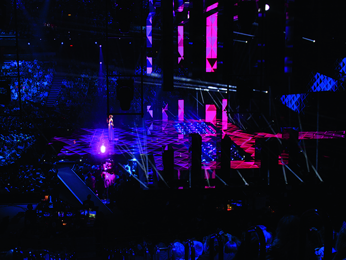 A look at the depth of stage, with LED arches suspended over 'pools' of Ayrton MagicDots, leading back to the layered video wall.