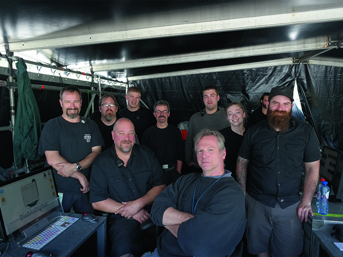 The Audio team surrounding FOH Engineer John Cooper, Monitor Engineer Monty Carlo, Bobby Taylor, Audio Tech, John 'Boo' Bruey, System Engineer, James Cooper, Assistant (and John Cooper's son), Niall Slevin, Monitor System Engineer, Matt Moser, Monitor Systems Engineer (and temporary Monitor Engineer), Katie Hughes, Audio Tech, Ben Rothstein, Audio Systems Engineer.