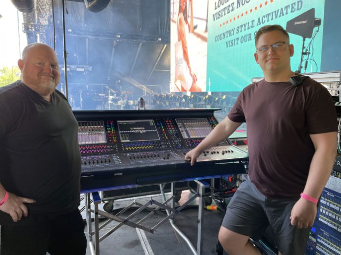 Monitor Engineer Chris Newsom with FOH Engineer, Chris Diener.